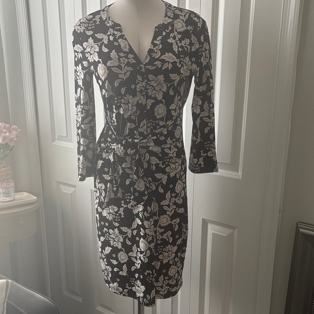 White House Black Market Black Floral Wrap Dress with Ivory Print